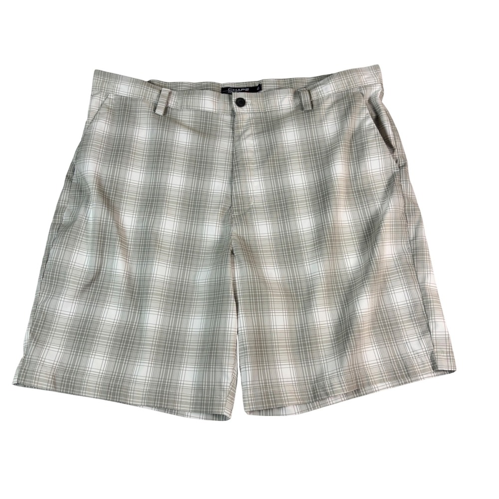 Chaps Golf Mens Tan White‎ Plaid Performance Shorts Size 40 Stretch Flat Front